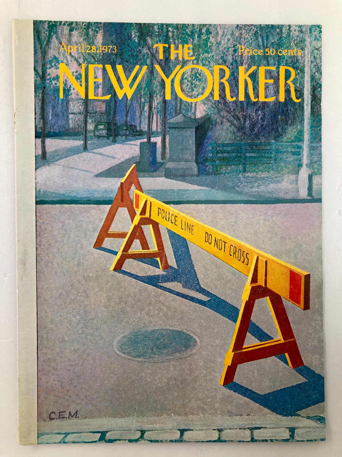 Cover of The New Yorker from April 28, 1973 showcasing the illustration 'Police Line' by Charles Martin, highlighting a police line in a city setting.