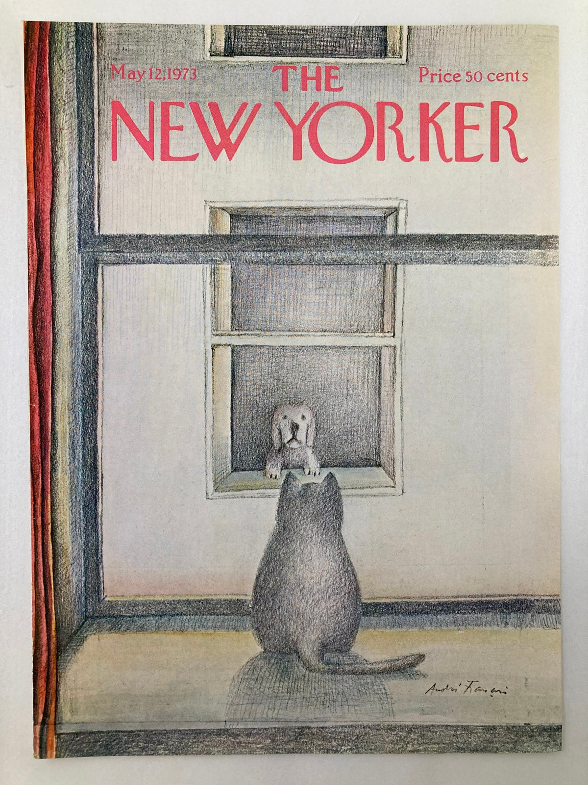 Cover only of The New Yorker magazine dated May 12, 1973, illustrated by Andre Francois, showing a cat in front of a window looking at a dog outside. Price indicated as 50 cents.
