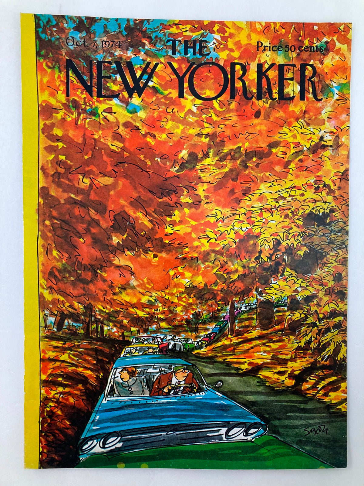 The New Yorker October 7, 1974 cover titled 'Convoy' by Charles Saxon, showcasing a rich autumn palette with vehicles amidst a backdrop of fall foliage.