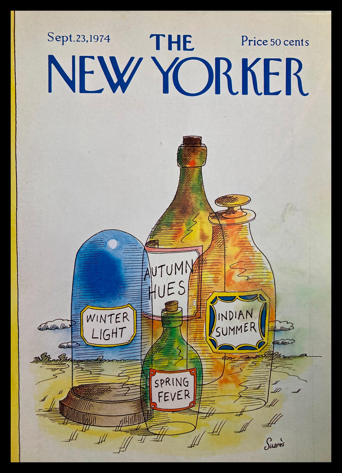 Cover of The New Yorker from September 23, 1974 titled 'Four Seasons' by Suares, featuring colorful bottles labeled 'Winter Light', 'Autumn Hues', 'Spring Fever', and 'Indian Summer' against a cartoonish background.