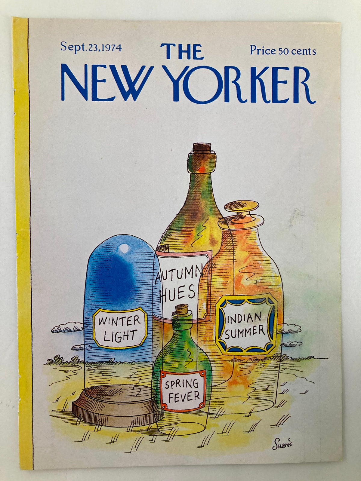 Cover of The New Yorker from September 23, 1974 featuring 'Four Seasons' artwork by Suares, showcasing colorful glass bottles labeled 'Winter Light', 'Spring Fever', 'Autumn Hues', and 'Indian Summer'.