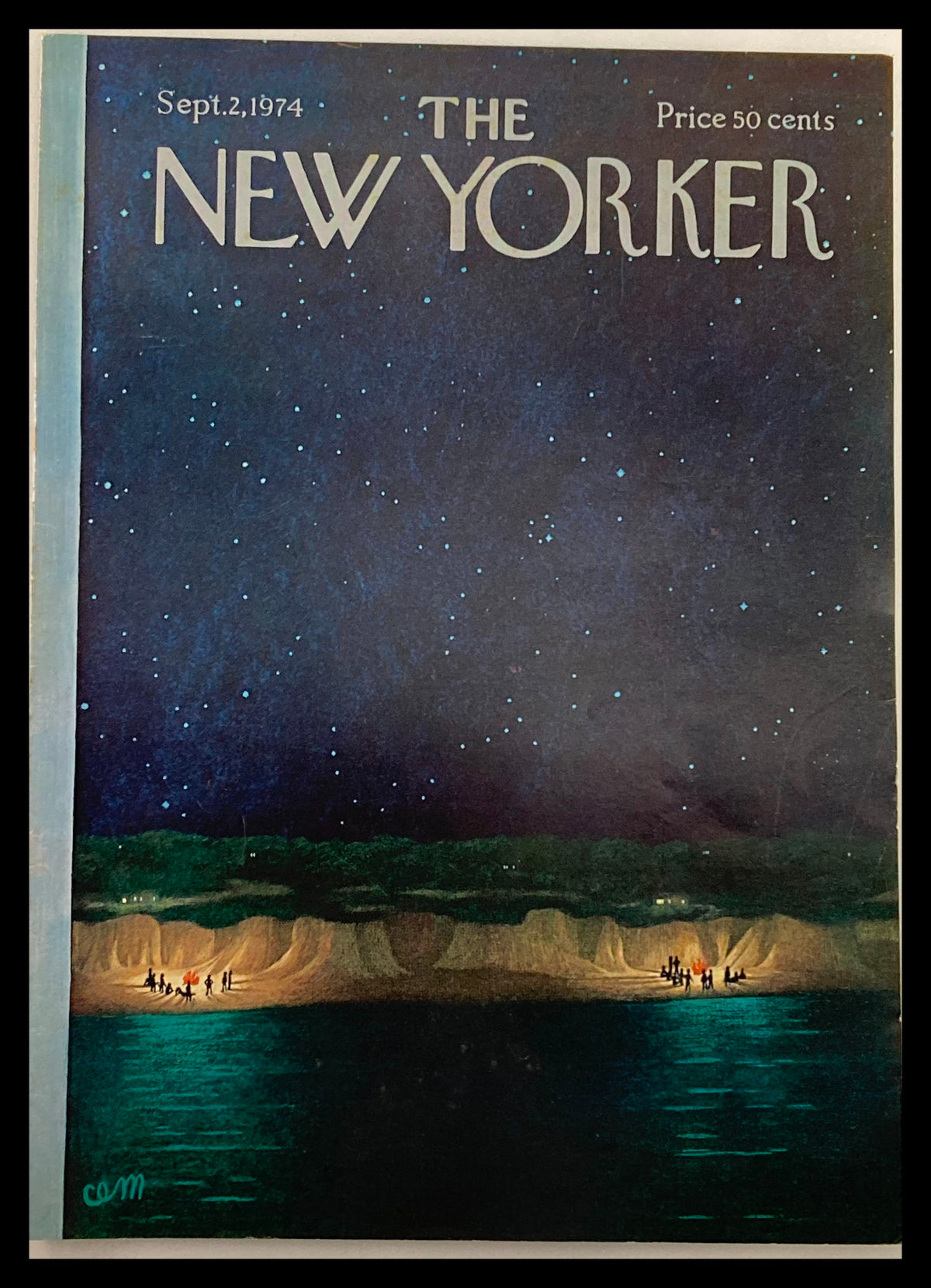 Cover of The New Yorker magazine, September 2, 1974, titled 'Bonfire' by Charles E. Martin, depicting a nighttime scene with stars, water, and people gathered around a fire.