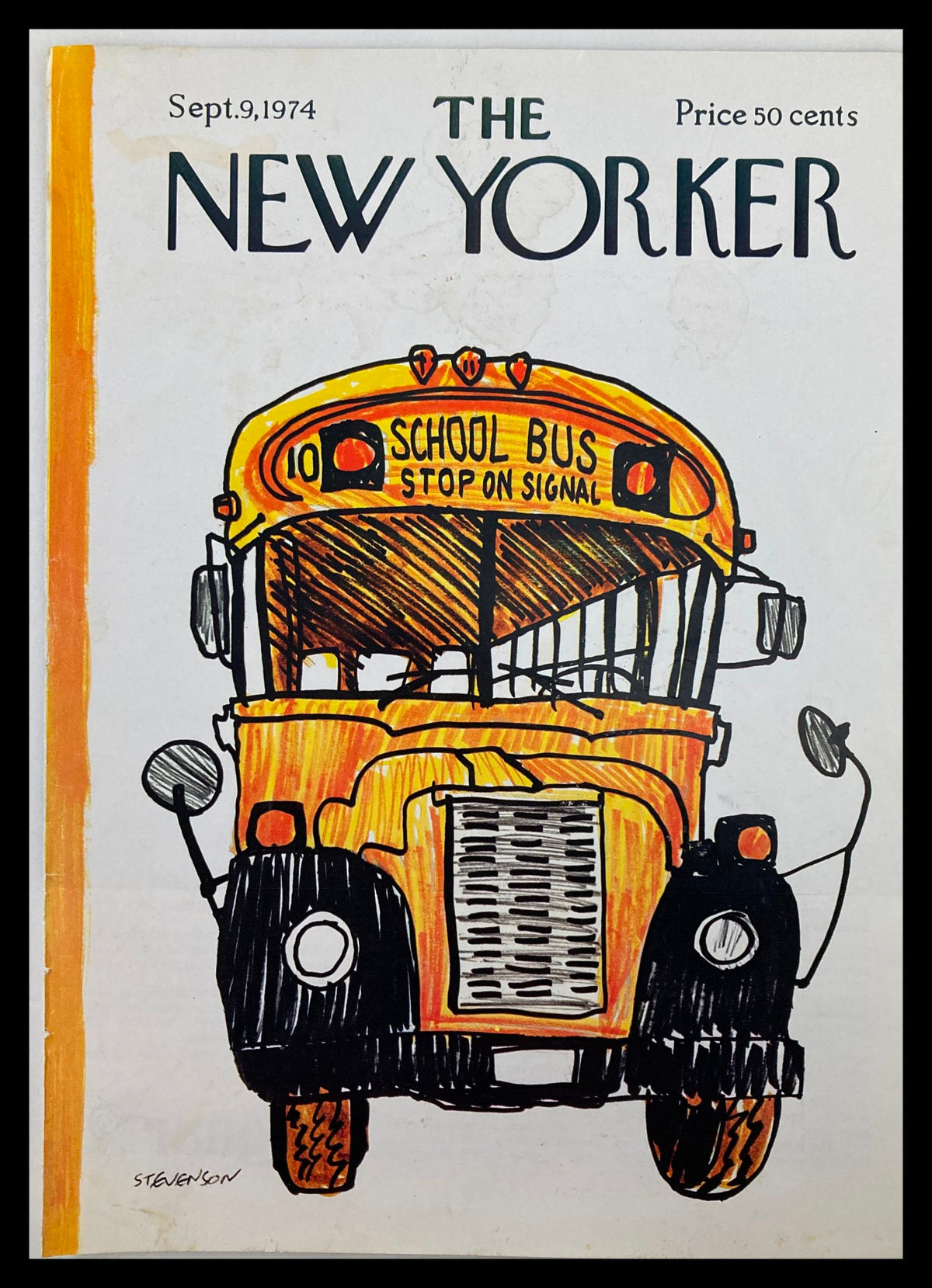 Vintage cover of The New Yorker magazine from September 9, 1974, featuring a hand-drawn illustration of a yellow school bus by artist J. Stevenson. The cover highlights nostalgic themes of childhood and education, complete with the text 'SCHOOL BUS STOP ON SIGNAL' and the magazine's iconic title.