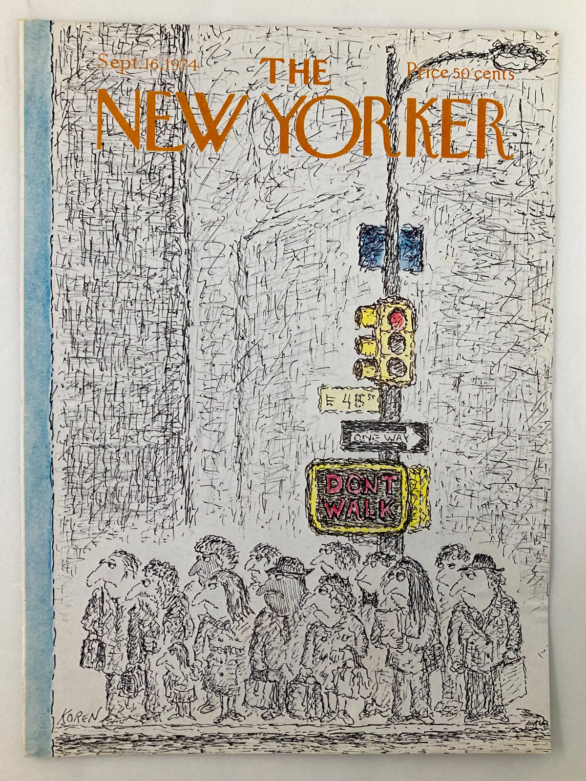 The New Yorker Cover September 16, 1974 - Don't Walk by Edward Koren showcasing an iconic cartoon-style depiction of a crowd at a traffic light, reflecting humor and social commentary.