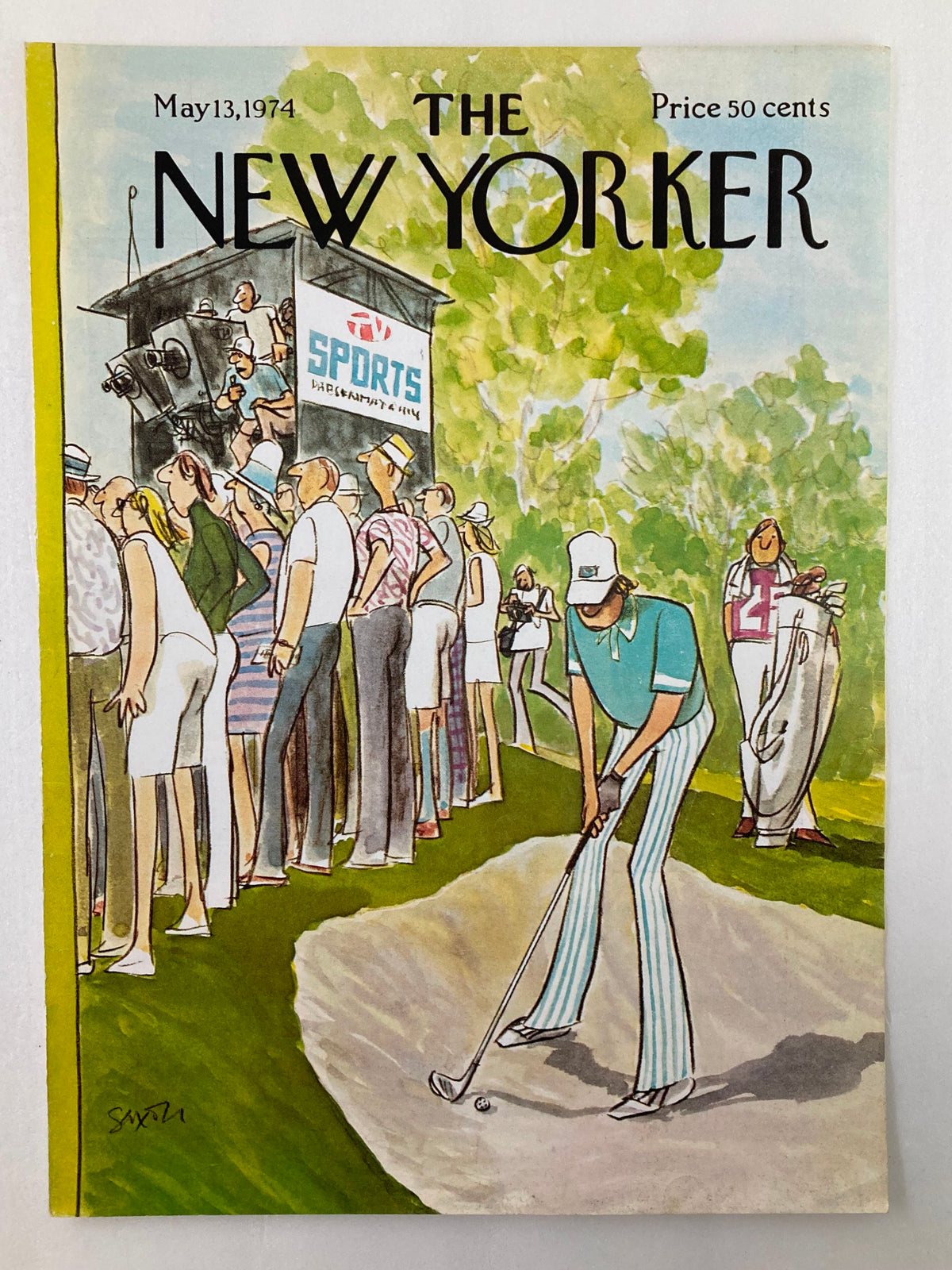 Cover illustration of The New Yorker from May 13 1974 by Charles Saxon, depicting a golfer in a sand trap with onlookers and a sports commentary booth present in a vibrant outdoor setting.