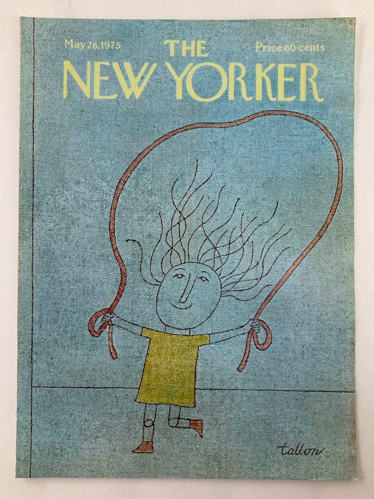 Cover of The New Yorker dated May 26, 1975, featuring the playful 'Skip Rope' illustration by Robert Tallon, showcasing a child with flowing hair holding jump ropes against a textured blue background.