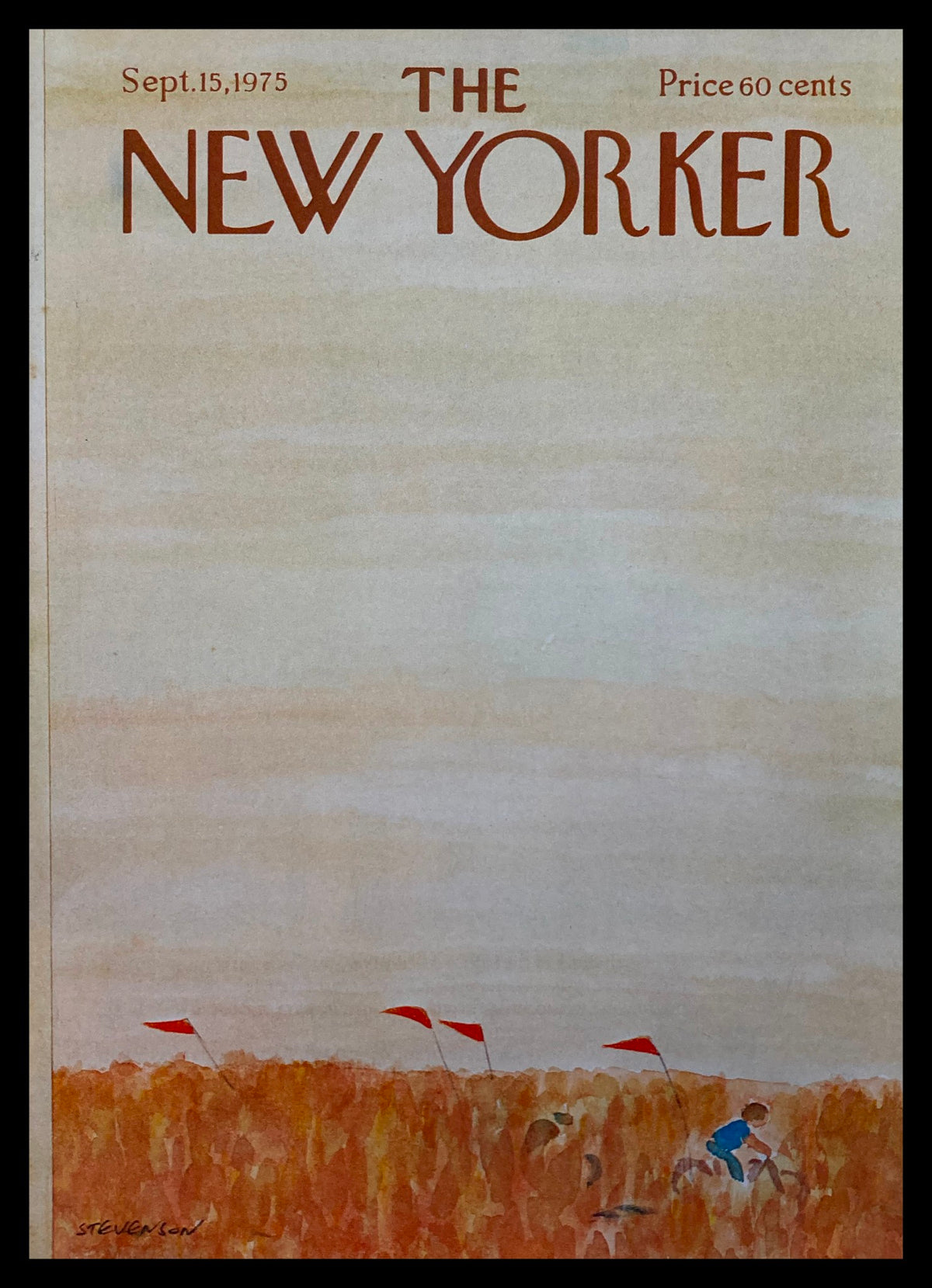 Cover of The New Yorker, September 15, 1975, titled 'Red Flags' by J. Stevenson, featuring a field with red flags and a child in a blue outfit.
