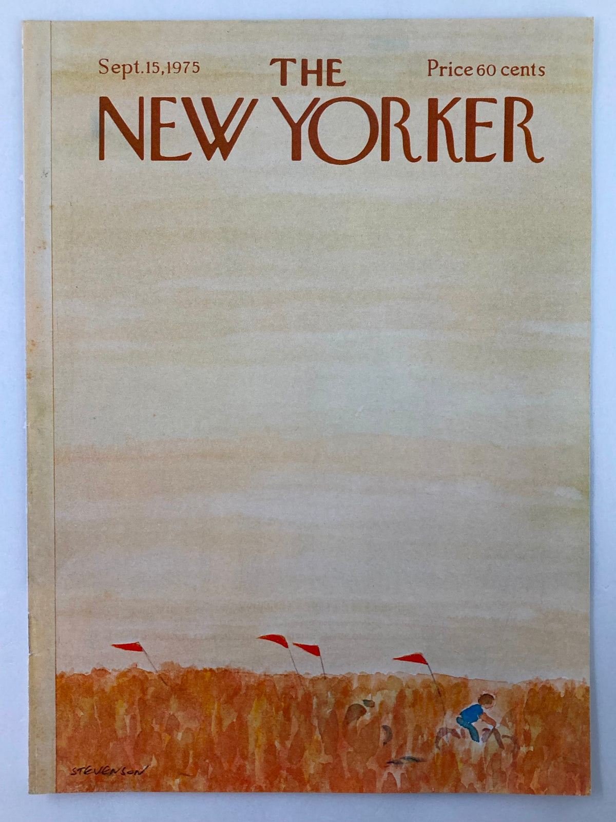 Cover of The New Yorker, September 15, 1975, titled 'Red Flags' by J. Stevenson, showcasing red flags in a field with a child playing.