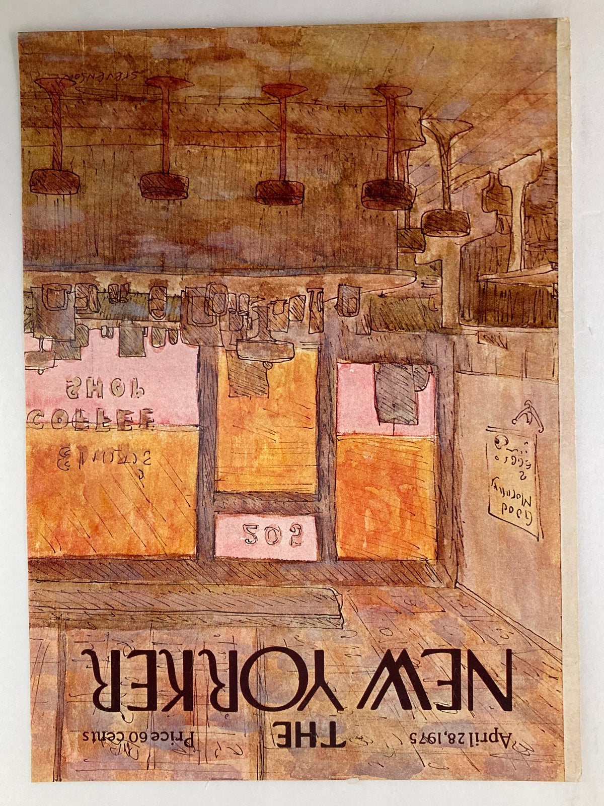Reverse view of the cover of The New Yorker, April 28, 1975, displaying a charming coffee shop scene by James Stevenson, characteristic of 1970s magazine art.