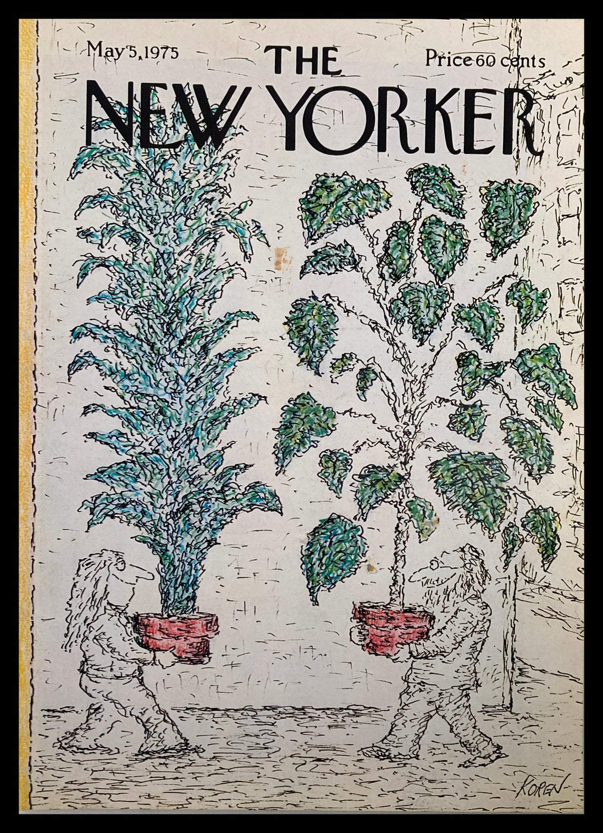 The New Yorker Cover May 5 1975 titled 'Plant Galore' by Edward Koren, featuring whimsical illustrations of two characters holding large potted plants.