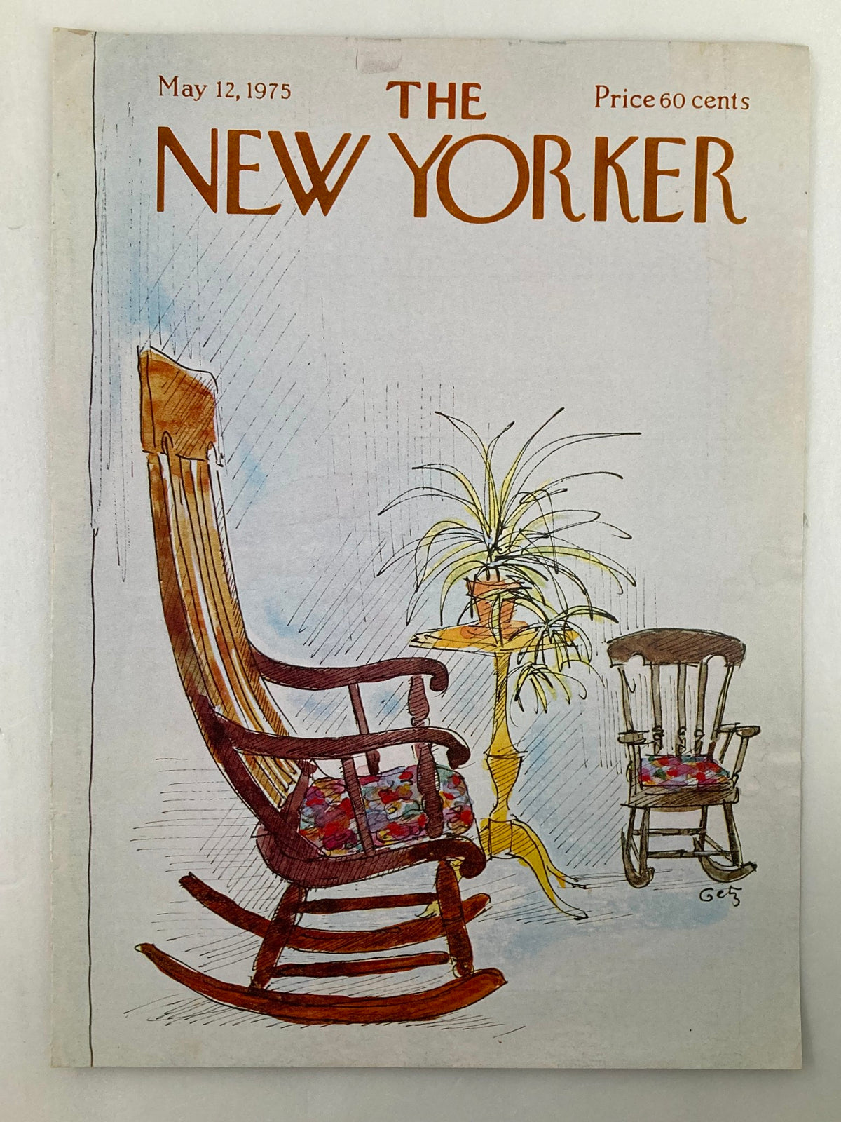 Cover of The New Yorker dated May 12, 1975, illustrated by Arthur Getz, depicting a rocking chair and a miniature chair beside a stylish plant, reflecting classic vintage aesthetics.