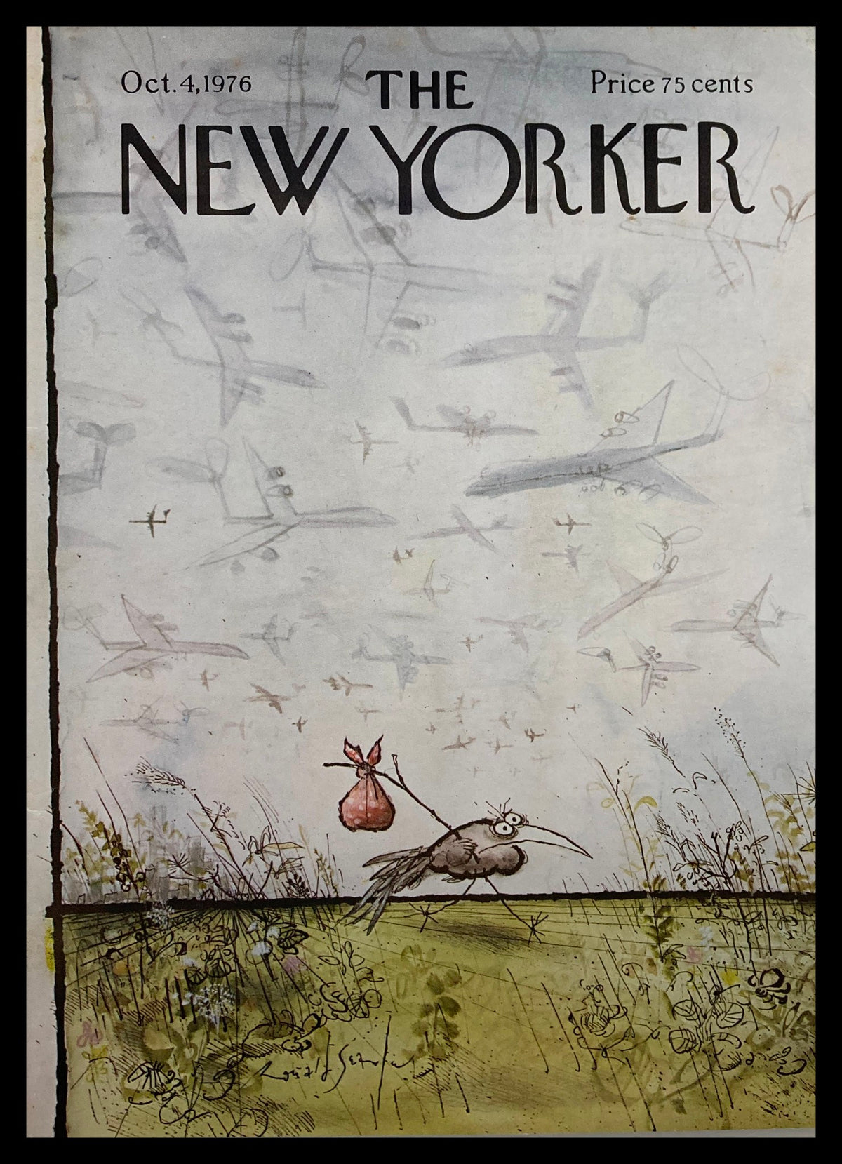 Cover of The New Yorker dated October 4, 1976, featuring the illustration 'Stow Away' by Ronald Searle, depicting a whimsical bird carrying a bag, surrounded by a background of airplanes.