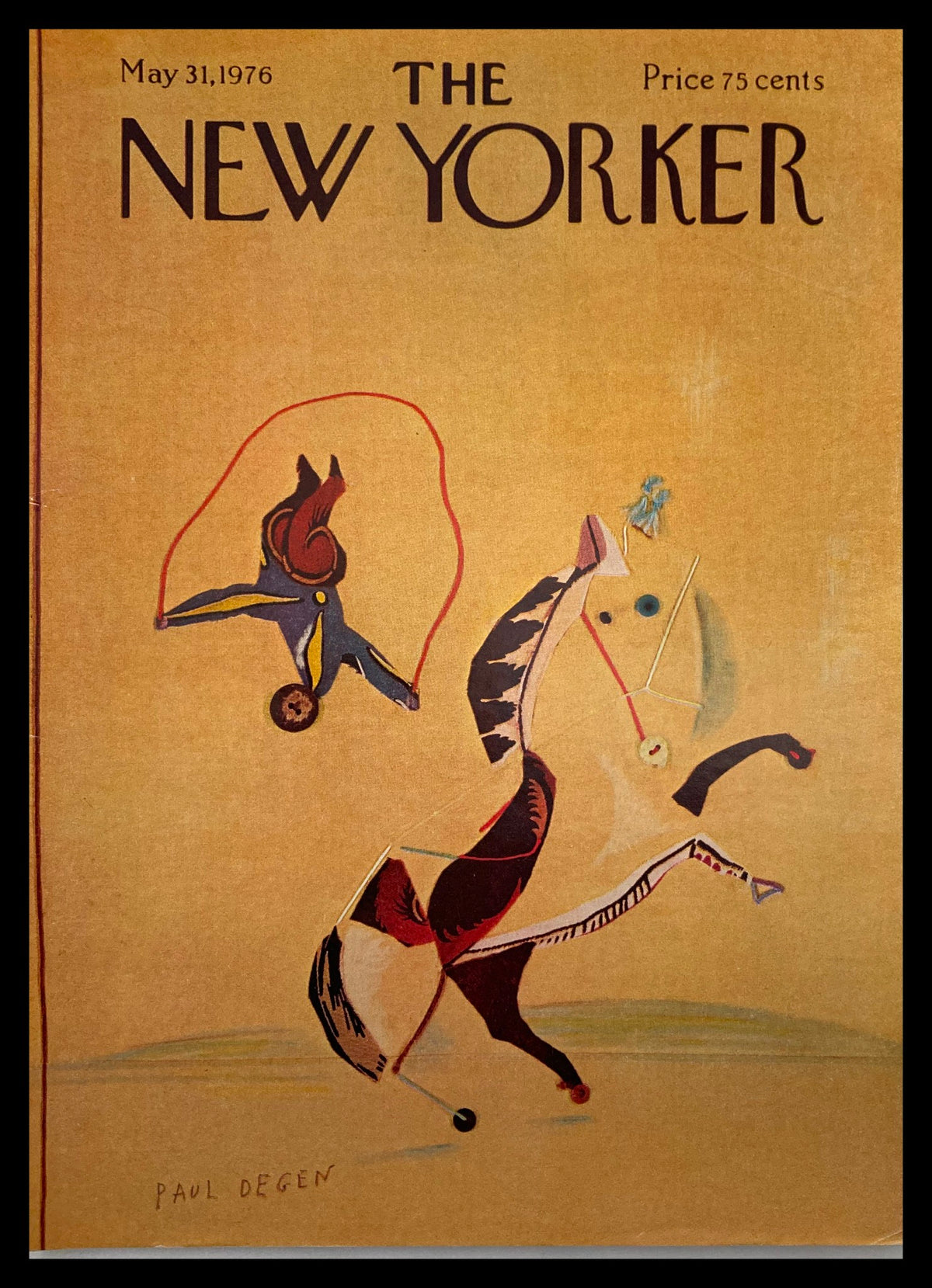 Cover of The New Yorker dated May 31, 1976 featuring a whimsical horse trick by Paul Degen, showcasing vibrant colors and artistic design.