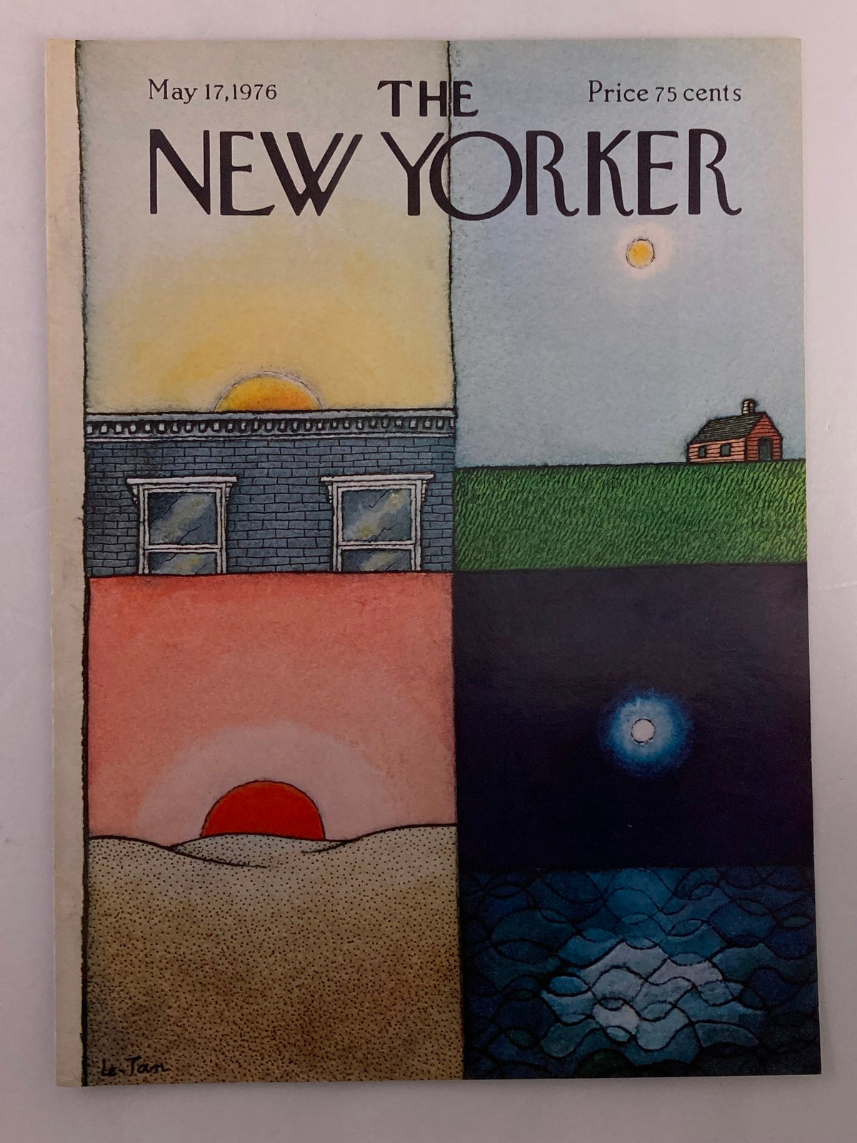 The New Yorker May 17 1976 cover by Le-Tan. This vintage magazine cover showcases a unique artistic style with four sections depicting daytime and nighttime elements, perfect for framing or decoration.