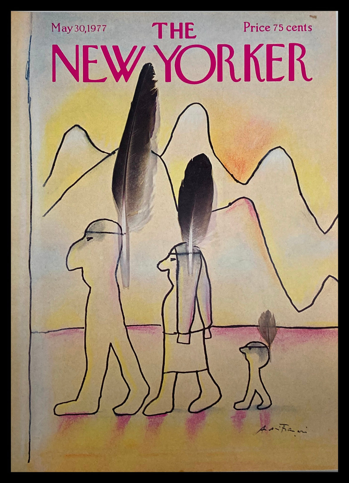 Cover art of The New Yorker May 30, 1977, titled 'Heritage' by Andre Francois, featuring stylized figures carrying feathers against a colorful background.