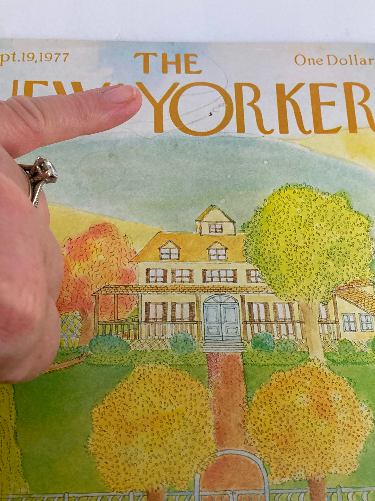 The New Yorker September 19, 1977 Autumn Garden cover focused on details of the illustration, highlighting autumn foliage and the featured house, crafted by J. Oliver.