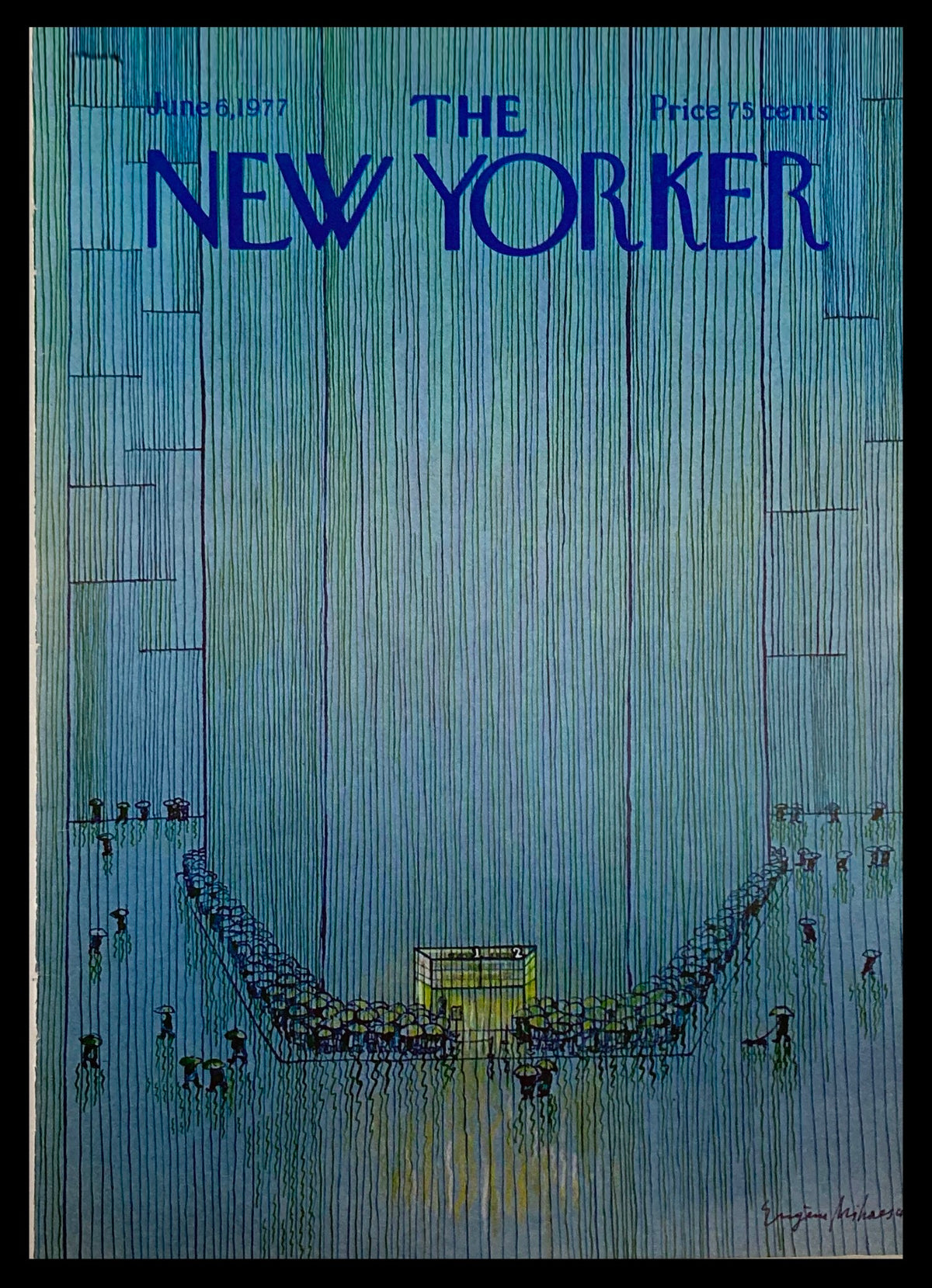 COVER ONLY The New Yorker June 6 1977 Taking Shelter by Eugene Mihaesco, featuring a vibrant illustration in blue tones depicting a group of people under umbrellas near a water feature, showcasing mid-20th-century artistic style.