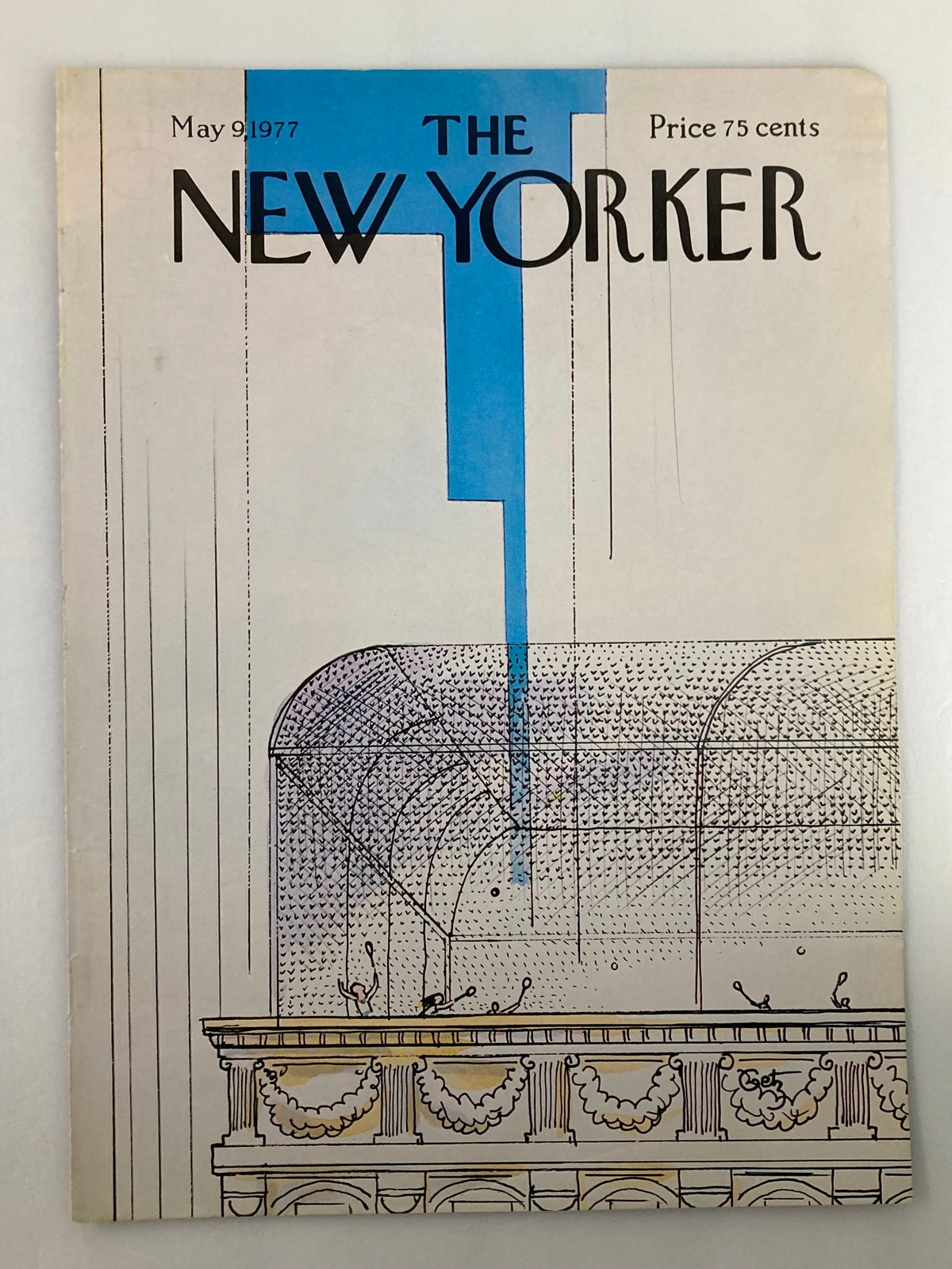 Cover of The New Yorker magazine dated May 9, 1977, featuring an illustrated rooftop scene by Arthur Getz, highlighting New York City's skyline.