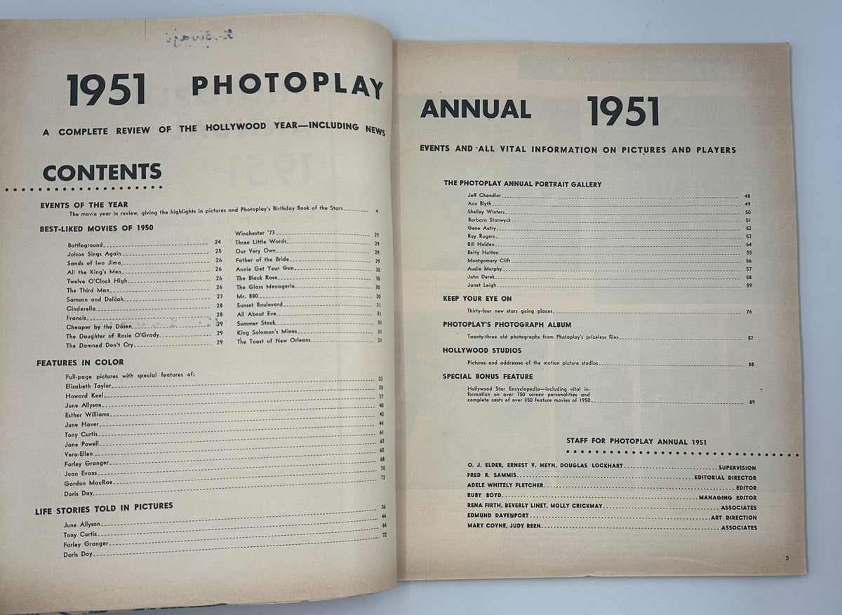 Inside pages of the Photoplay Magazine Annual 1951, displaying the Table of Contents, including sections on the events of the year and best-liked movies, offering a complete review of the Hollywood year.