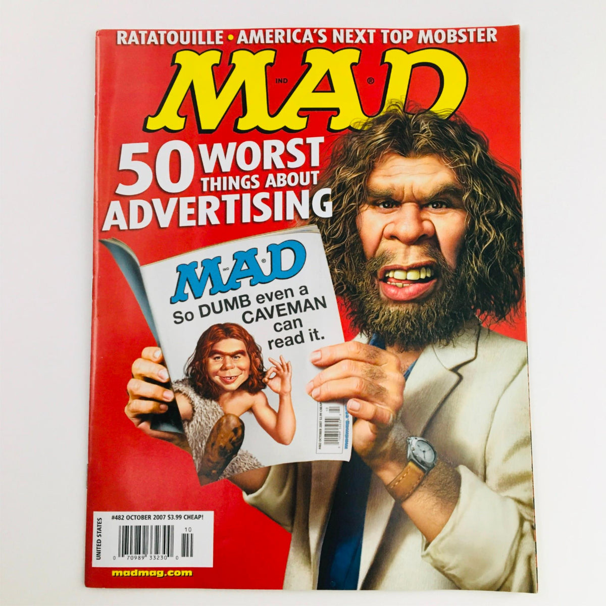 Mad Magazine October 2007 No. 482 with Caveman cover featuring humorous commentary on advertising; rated Very Fine VF 8.0, ideal for collectors.