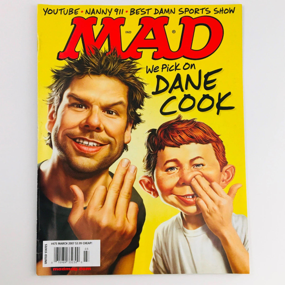 Cover of Mad Magazine March 2007 No. 475 featuring Dane Cook, showcasing humorous art and satire, perfect for collectors and fans of vintage magazines.