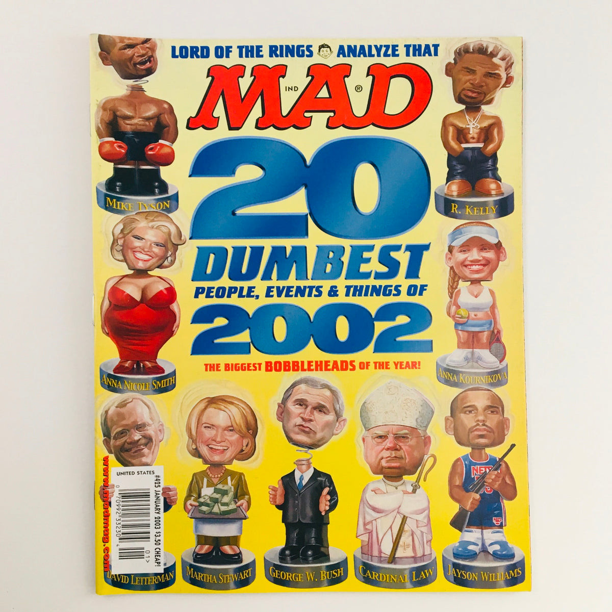 Mad Magazine January 2003 No.425 cover featuring the title '20 Dumbest People, Events & Things of 2002' with caricatures of notable figures such as R. Kelly and Martha Stewart.