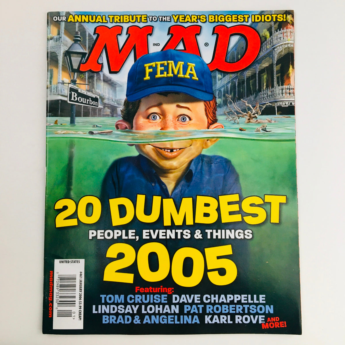 Cover of Mad Magazine January 2006 No. 461 featuring '20 Dumbest People of 2005' with a humorous illustration of a boy in a FEMA cap, showcasing satirical commentary on notable figures.