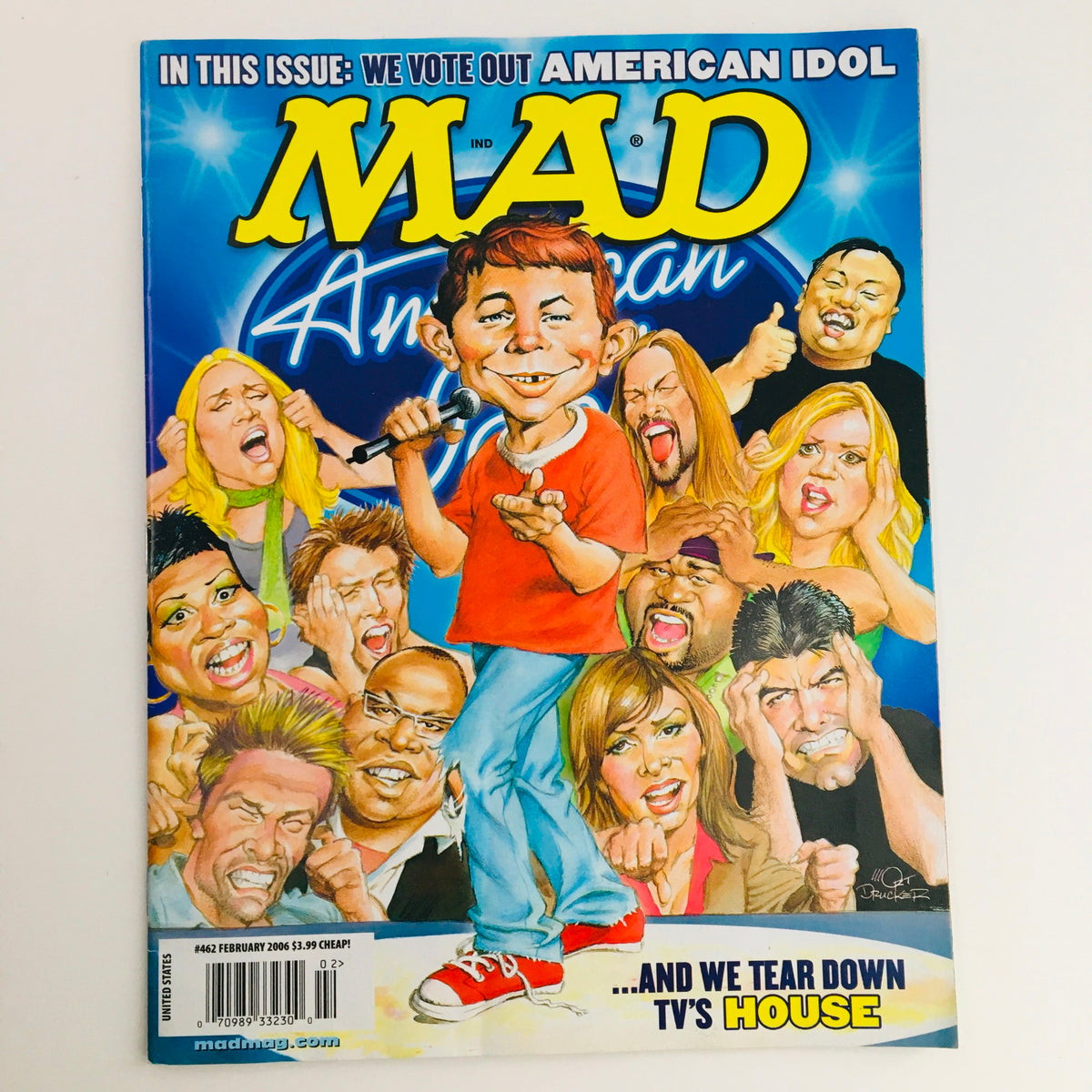 Mad Magazine February 2006 No. 462 featuring a caricatured cover illustration showcasing contestants from American Idol, highlighting the magazine's quirky humor and satire.