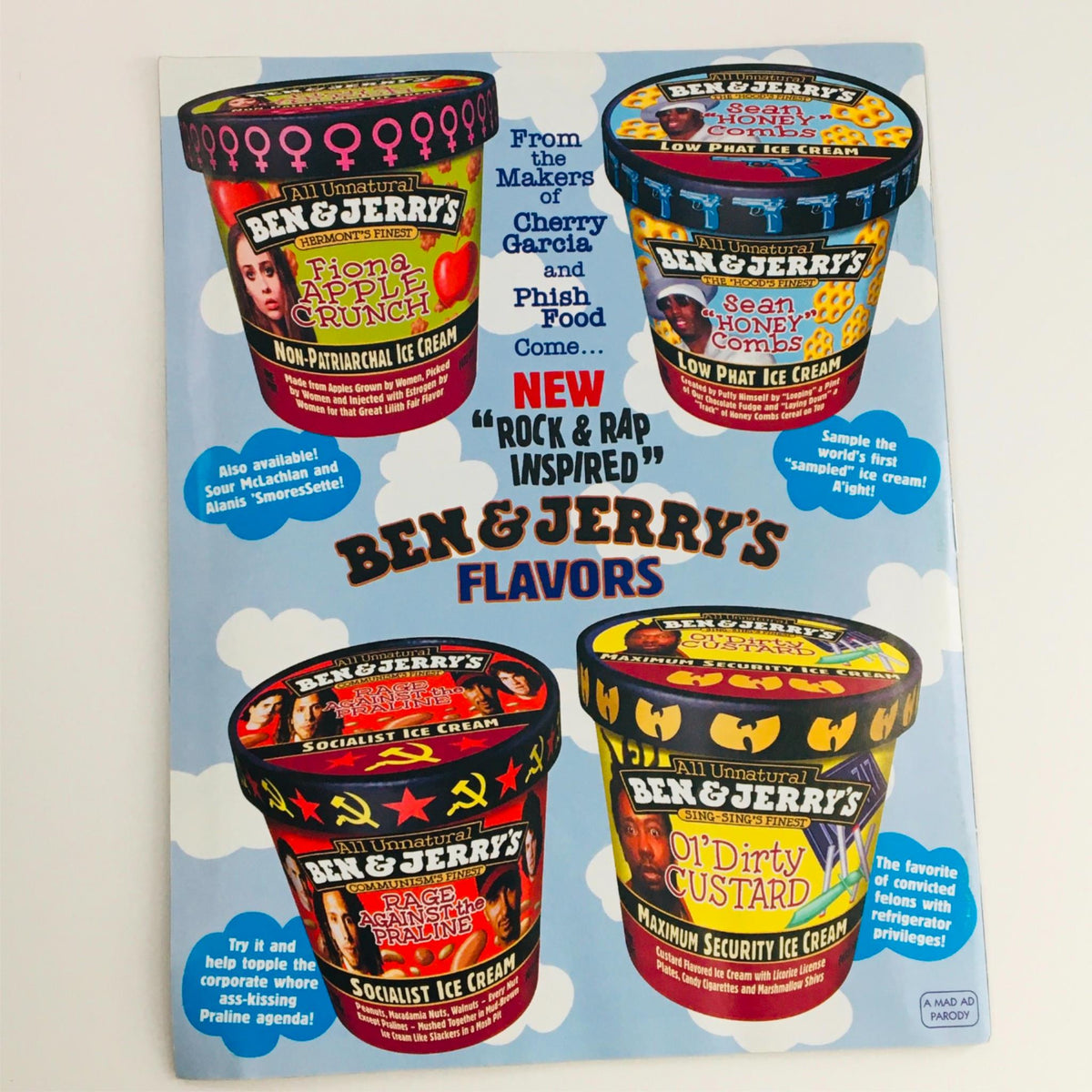 Promotional image for Ben & Jerry's ice cream flavors, highlighting new 'Rock & Rap Inspired' flavors with colorful illustrations of ice cream containers and playful design elements.