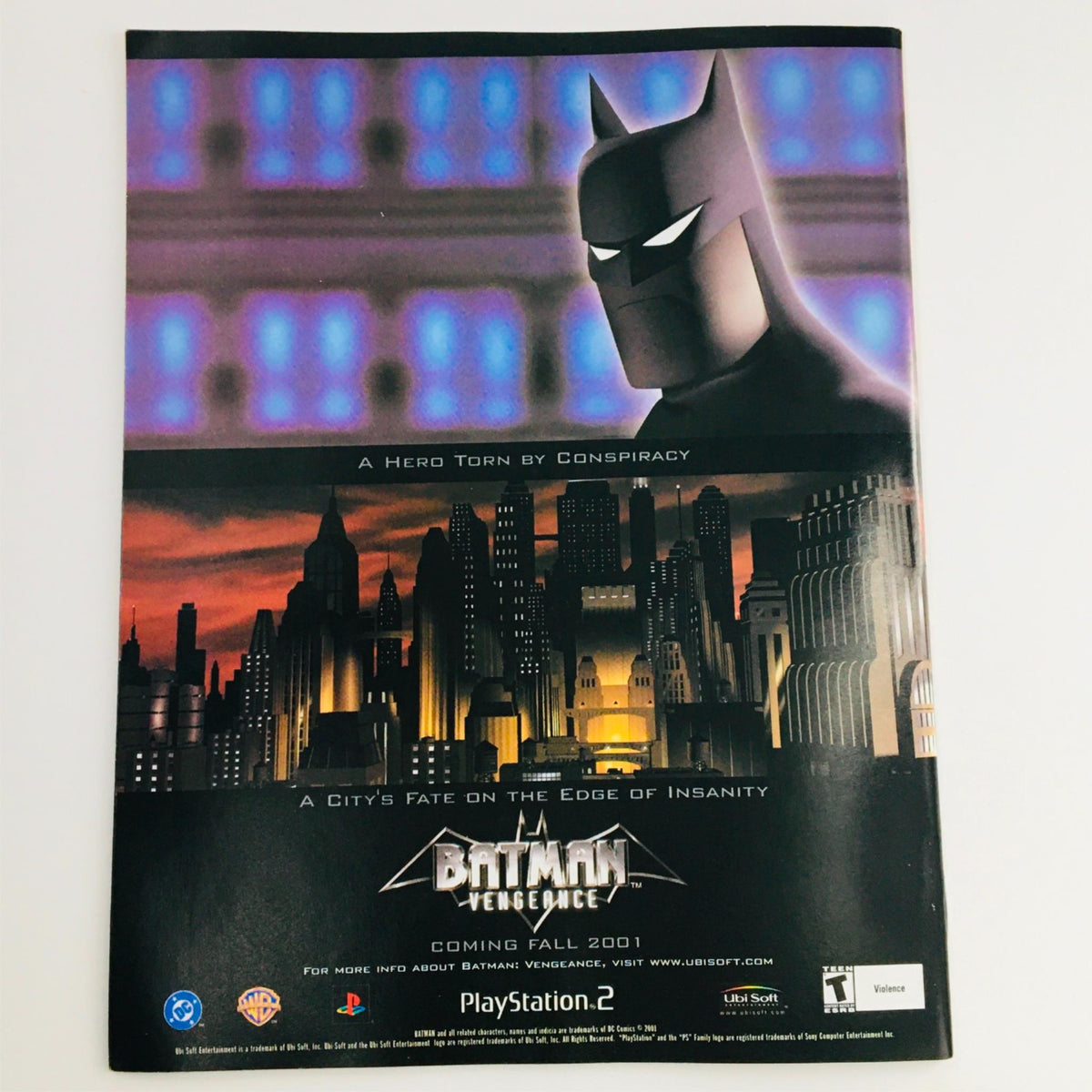 Advert for Batman: Vengeance, highlighting the game's theme of conspiracy and madness, with dramatic artwork, featuring the iconic dark knight and Gotham City skyline.