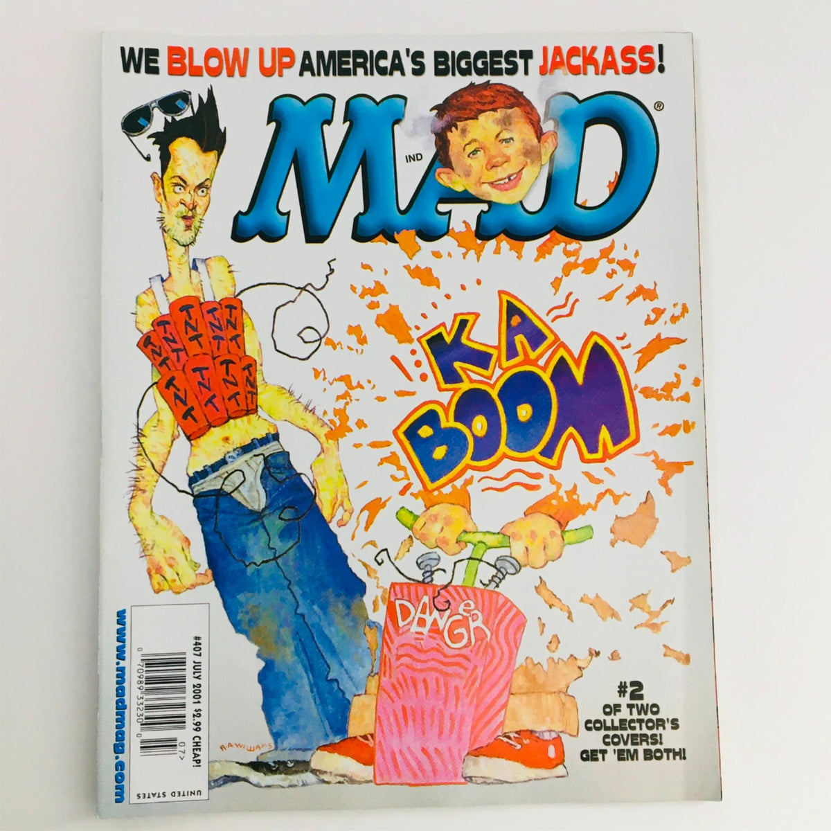 Cover of Mad Magazine July 2001 No. 407 featuring the headline We Blow Up America's Biggest Jackass and vibrant artwork depicting comedic characters.