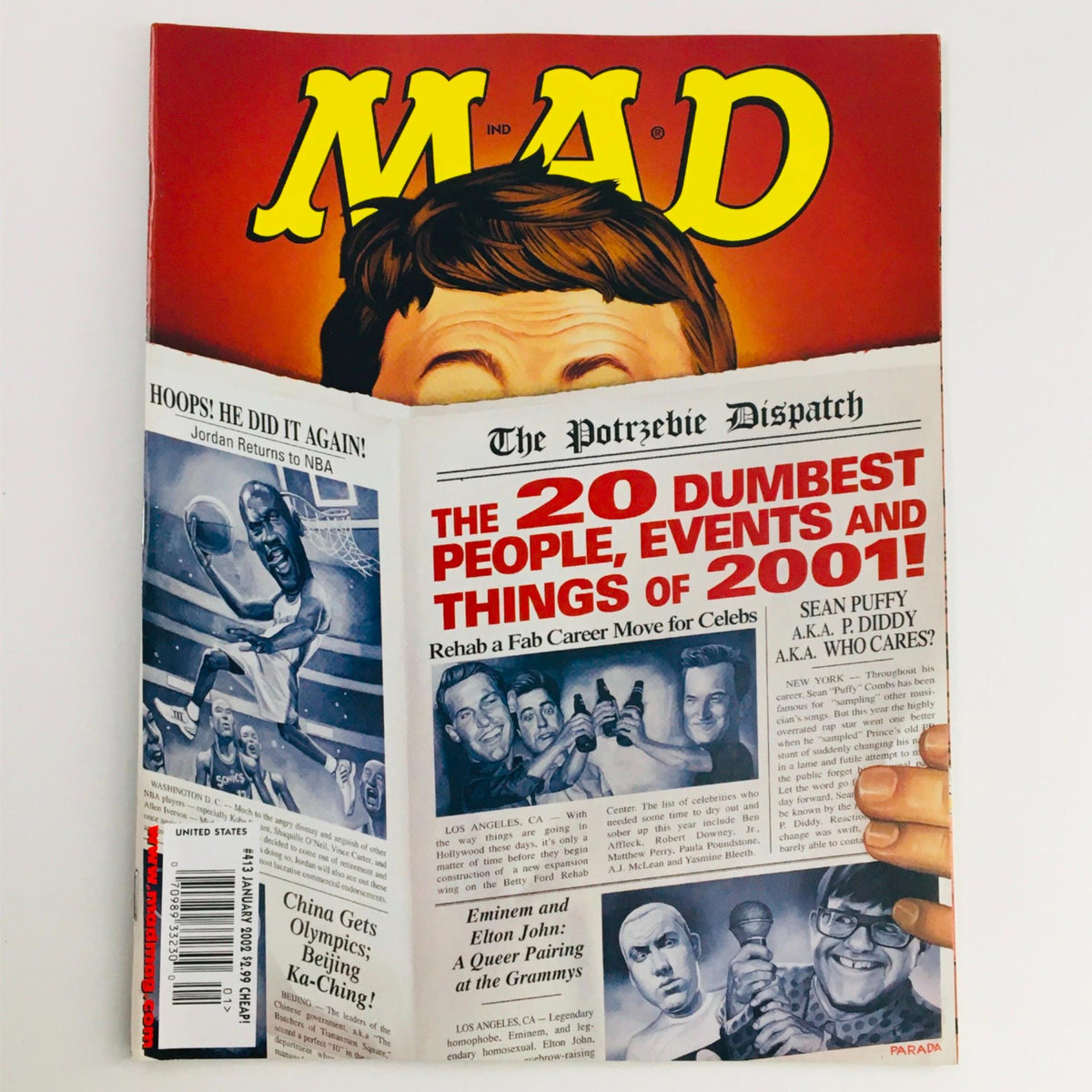 Cover of Mad Magazine January 2002 No. 413 featuring 'The 20 Dumbest People, Events and Things of 2001,' showcasing a humorous cartoon representation relevant to pop culture.