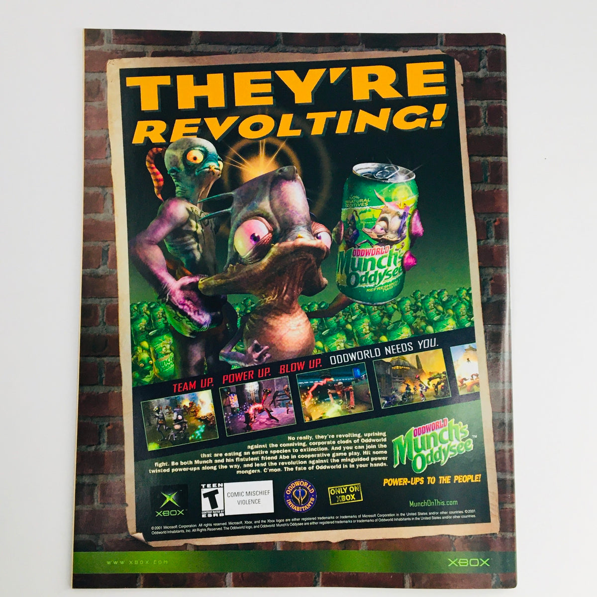 Advertisement for 'Downward Munch's Odyssey' video game featured in Mad Magazine January 2002 No. 413, depicting whimsical characters and vibrant graphics promoting Xbox gameplay.