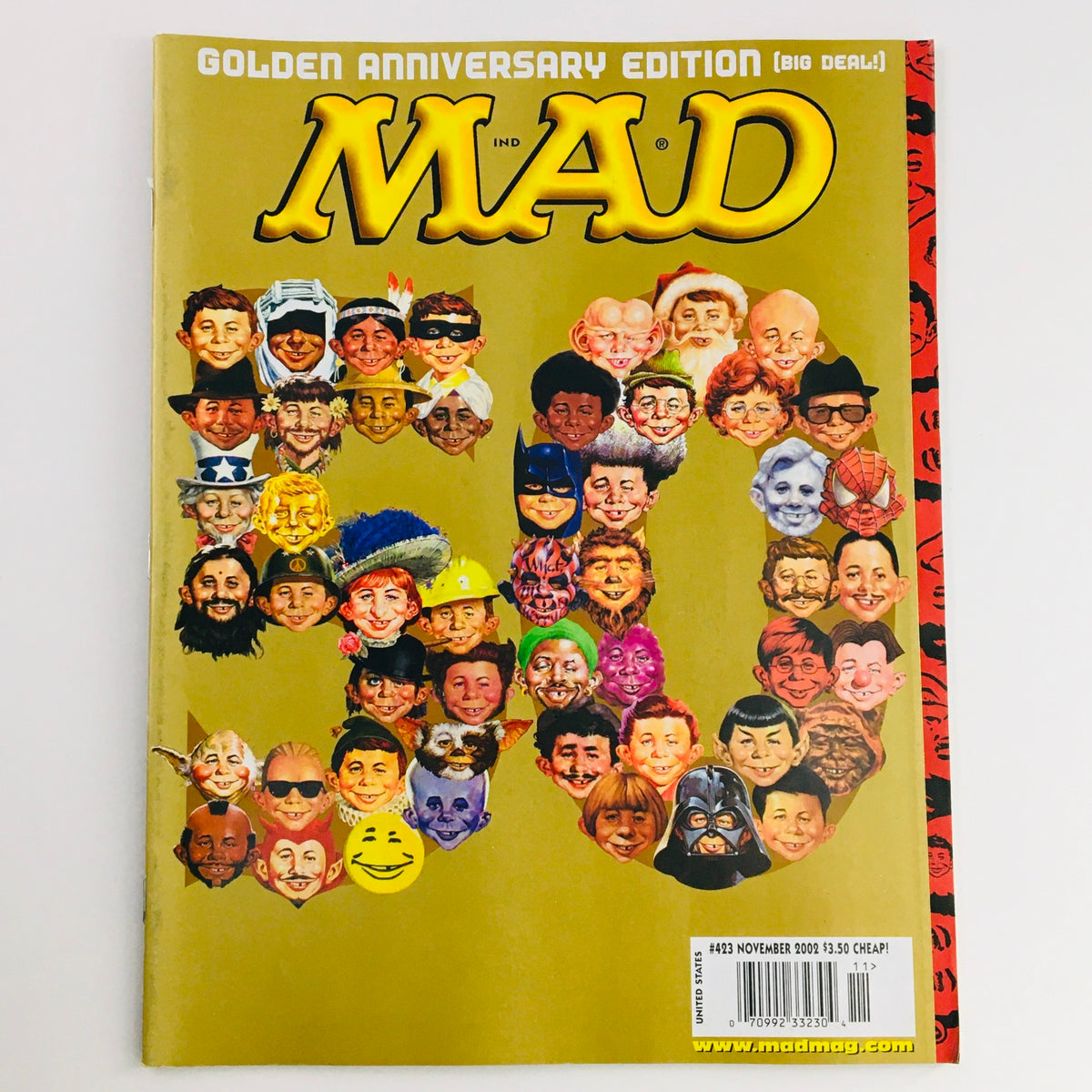 Cover of Mad Magazine November 2002 No. 423 Golden Anniversary Edition showcasing a collage of iconic faces, celebrating 50 years of humor and satire.