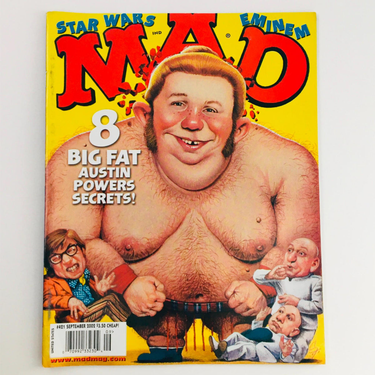 Mad Magazine September 2002 No. 421 cover featuring a humorous illustration of a character in a comedic pose, emphasizing '8 Big Fat Austin Powers Secrets' alongside iconic figures from the magazine.