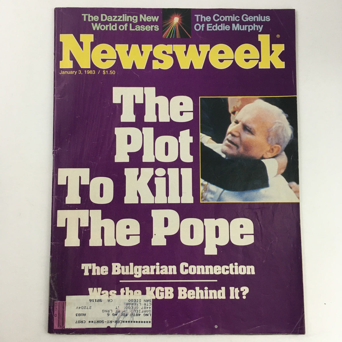 Cover of Newsweek Magazine from January 3, 1983, featuring the title 'The Plot To Kill The Pope' along with a focus on Pope John Paul II, and highlighting the comic genius of Eddie Murphy.