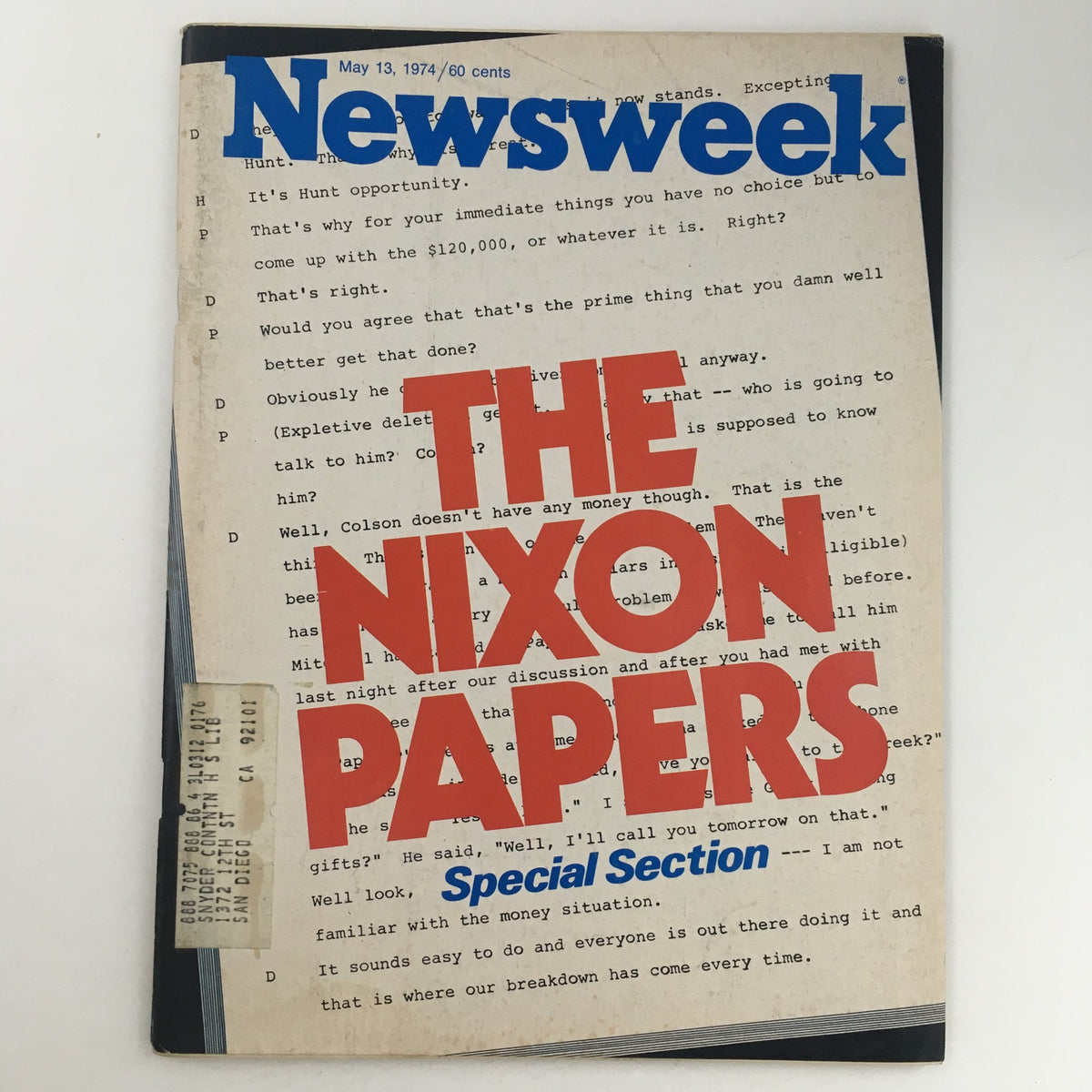 Cover of Newsweek Magazine from May 13, 1974, featuring a special section on The Nixon Papers, showcasing historical insights into the Nixon administration and the Watergate scandal.