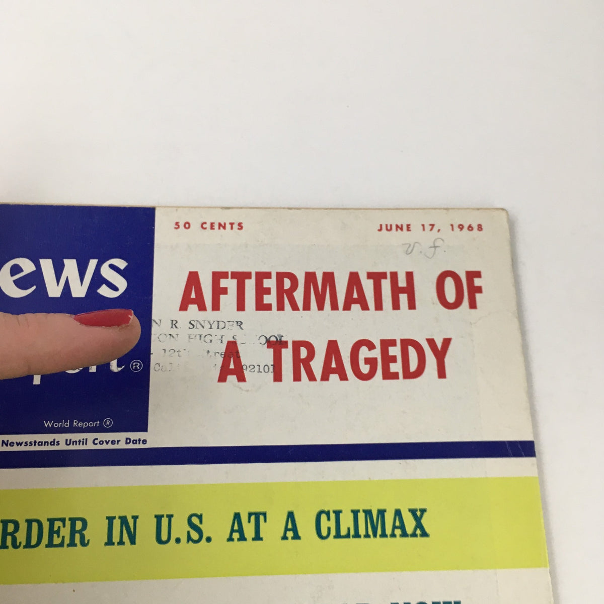 Close-up view of the U.S. News & World Report cover from June 17, 1968, focusing on the title 'AFTERMATH OF A TRAGEDY' and related headlines discussing current events and political matters.