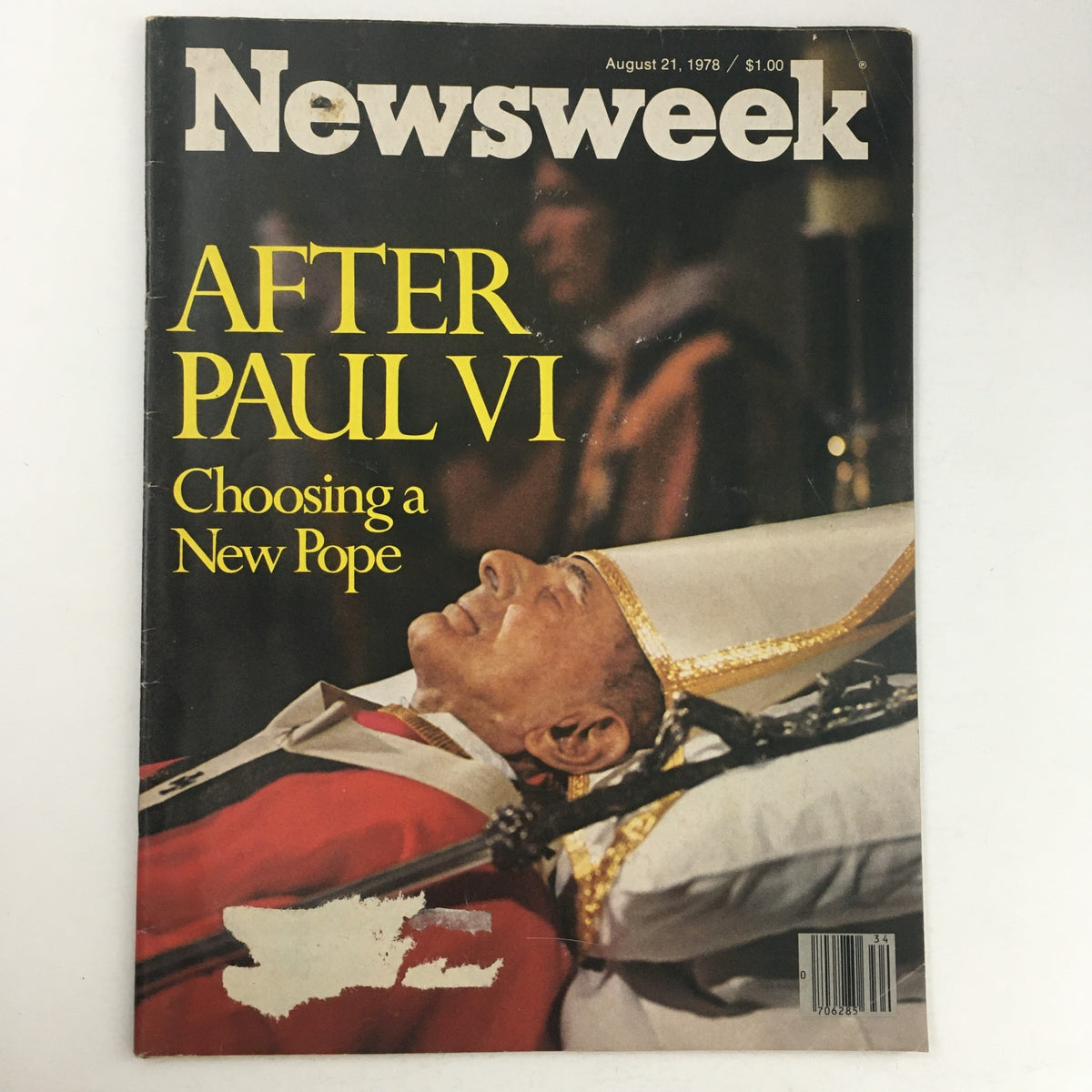 Newsweek Magazine cover from August 21, 1978, titled 'After Pope Paul VI, Choosing a New Pope'. The cover features a poignant image of a solemn figure, relating to the papal transition, highlighting the significance of this vintage issue.