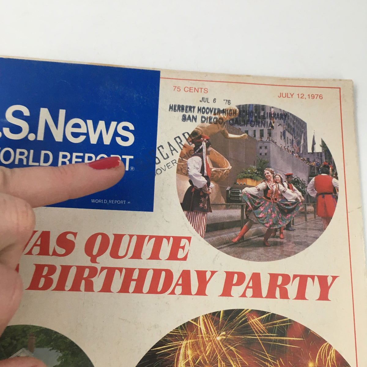 Close-up of the U.S. News & World Report cover dated July 12, 1976, highlighting the title 'It Was Quite A Birthday Party' and a detailed depiction of a traditional dance performance.