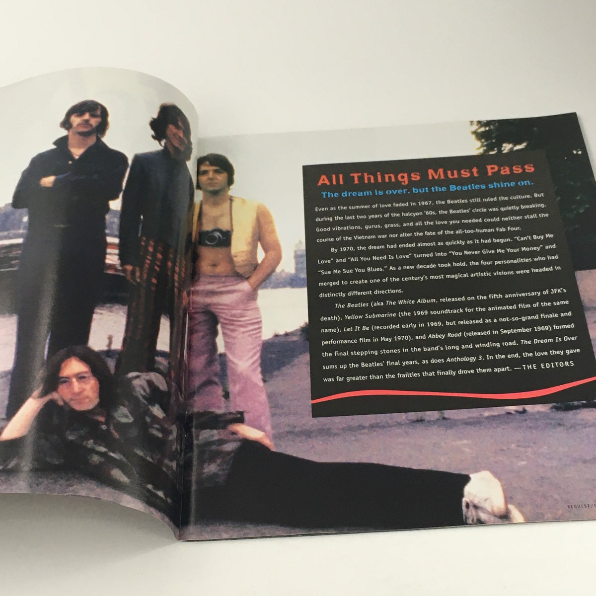 Inside view of Request Magazine 1996 titled 'The Dream Is Over, The Beatles 1968-1996', featuring a photo of The Beatles with an article discussing their impact on culture.