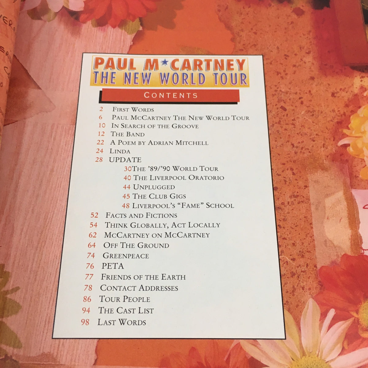Contents page of Paul McCartney The New World Tour 1993 brochure listing chapters and sections.