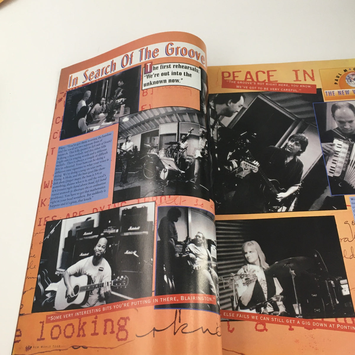 Interior page of Paul McCartney The New World Tour 1993 showcasing photos and text about rehearsals.