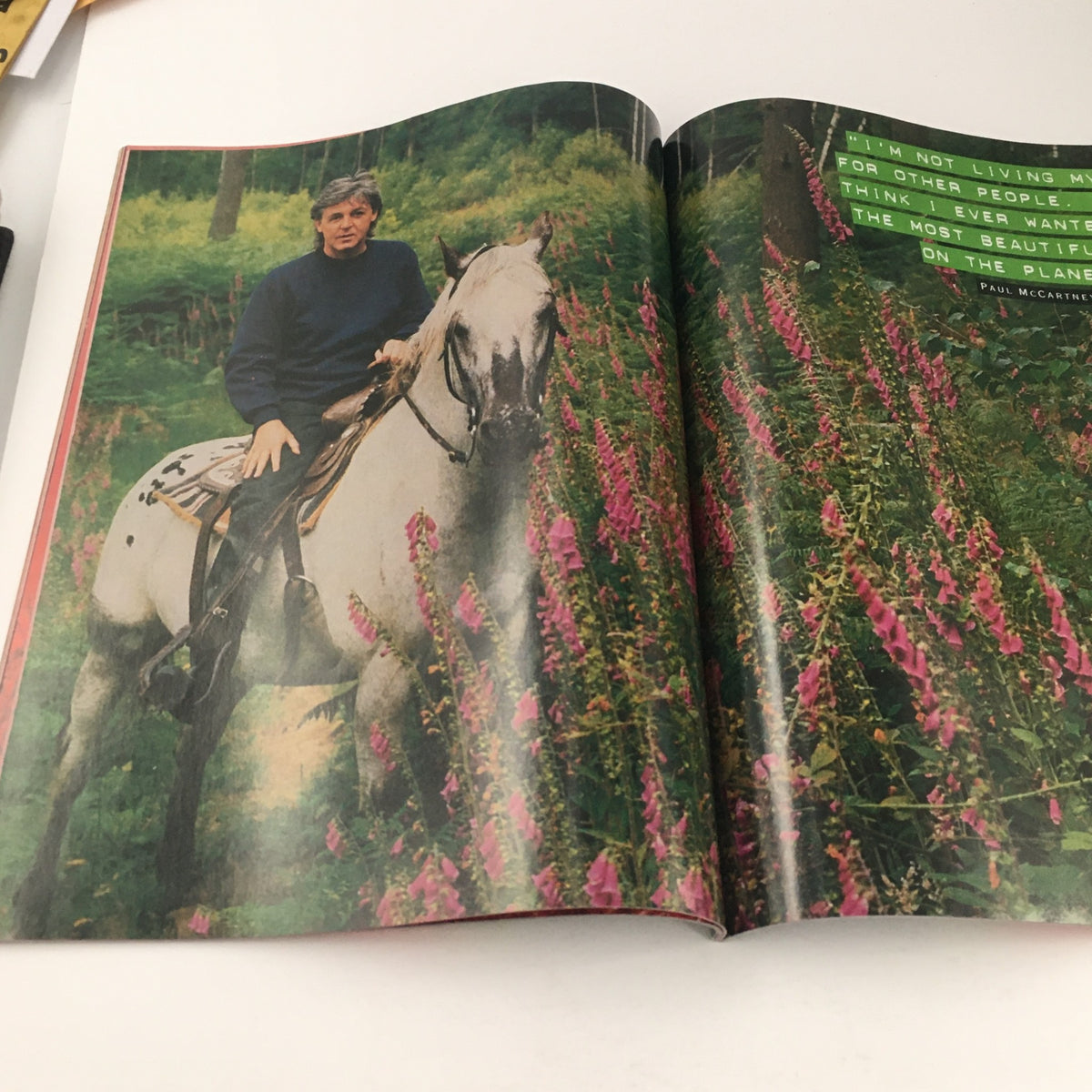 Page from Paul McCartney The New World Tour 1993 featuring a photograph of Paul McCartney riding a white horse surrounded by greenery and flowers.