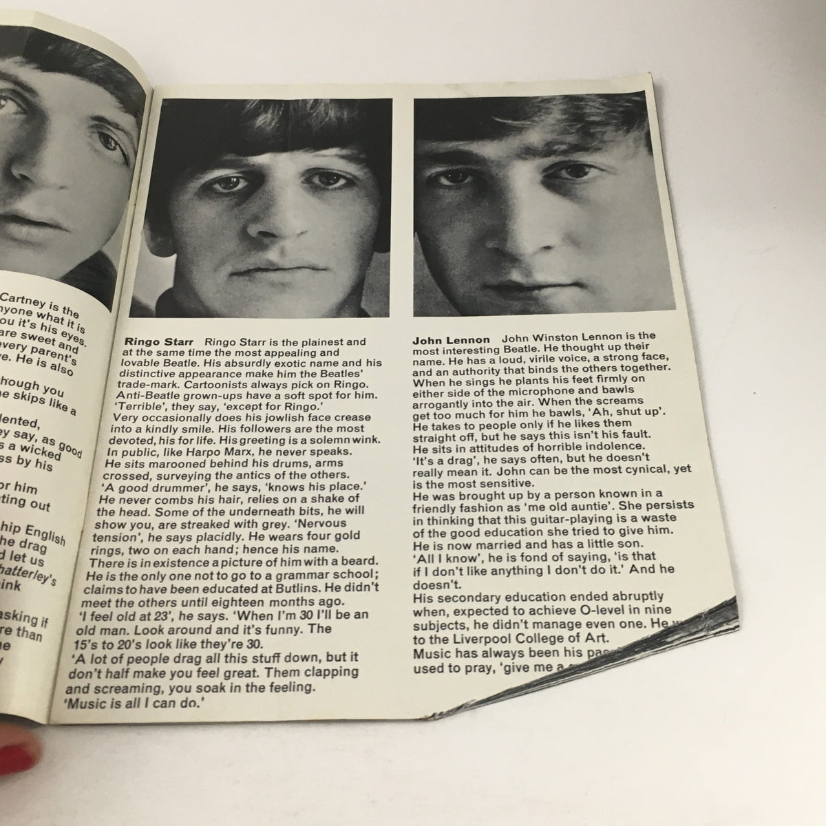 Inside page of The Beatles magazine by Norman Parkinson, 1964, featuring descriptions of band members Ringo Starr and John Lennon.