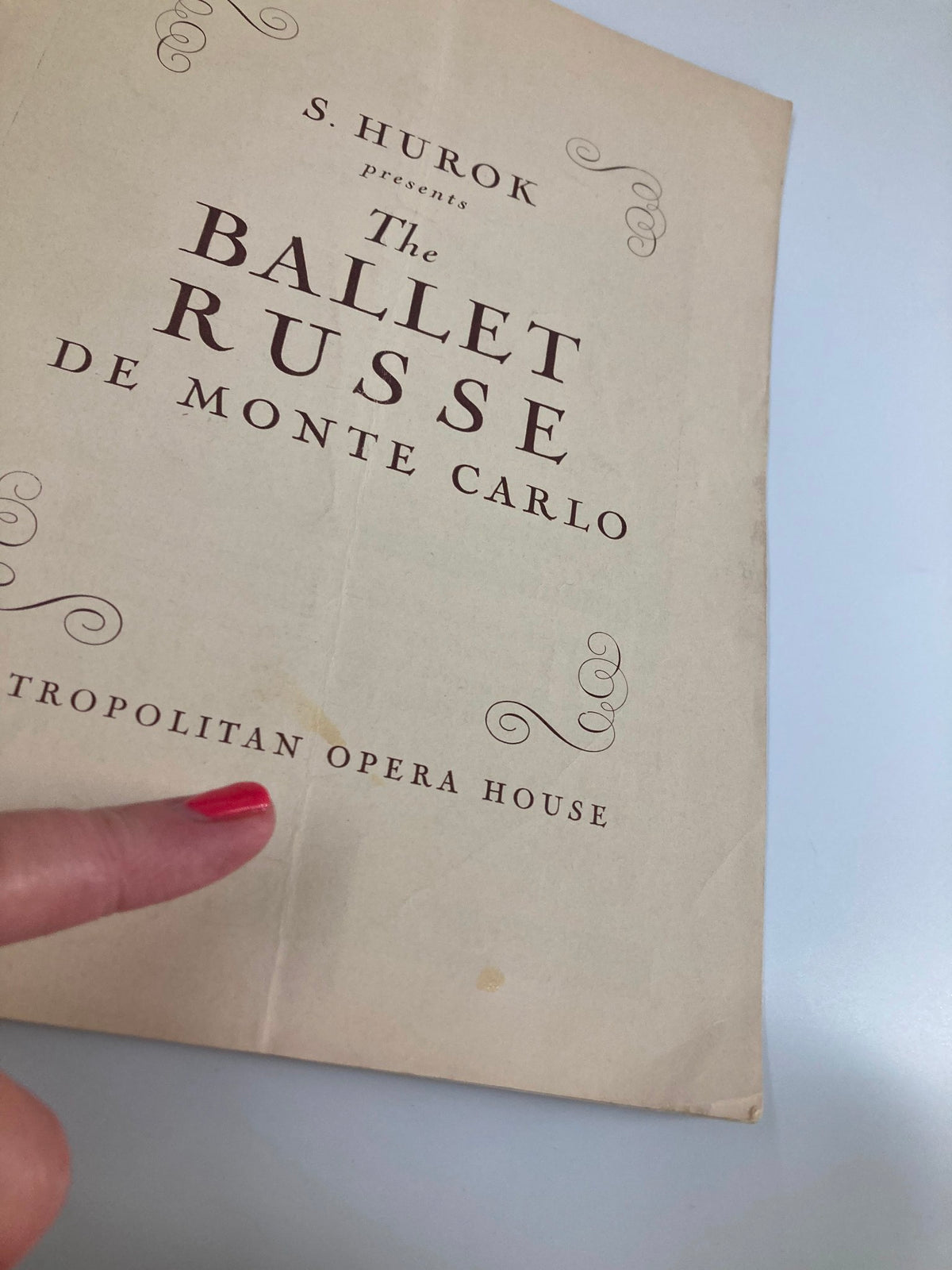 Close-up view of the 1939 Metropolitan Opera House Playbill cover highlighting the title 'The Ballet Russe de Monte Carlo' with details of the performance.
