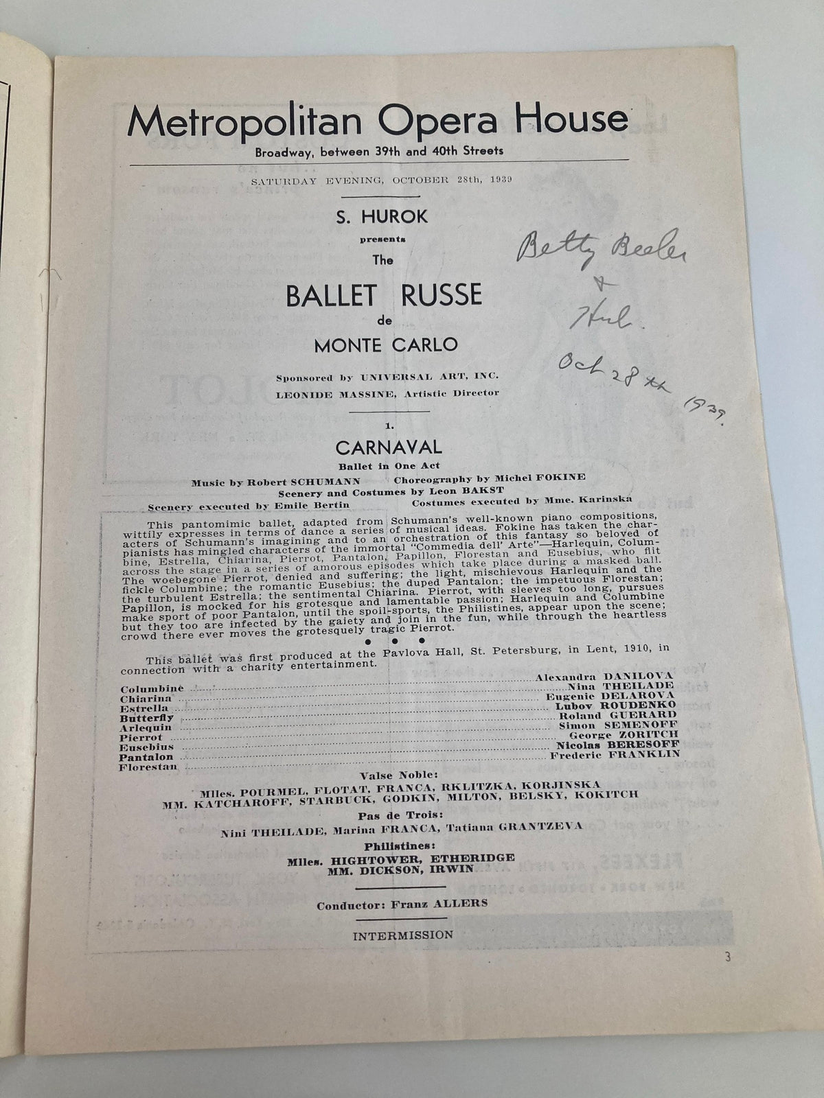 Interior page of the 1939 Metropolitan Opera House Playbill, detailing the ballet 'Carnaval' and featuring cast information and a performance schedule.