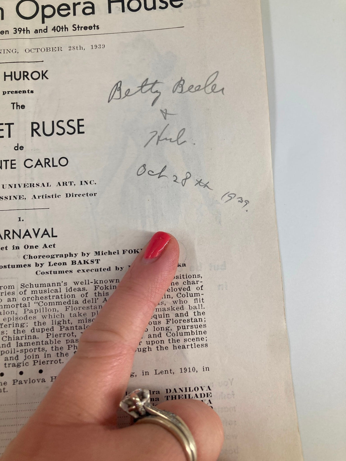 Close-up of the handwritten notes inside the 1939 Metropolitan Opera House Playbill, capturing personal attendance details from October 28th, 1939.