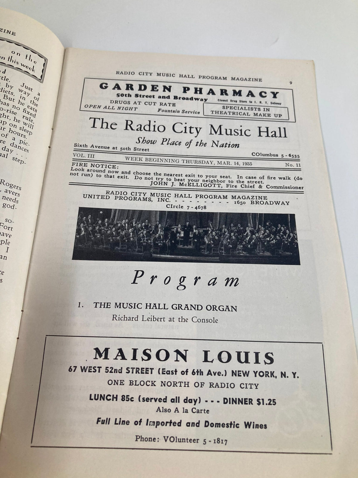 Inside page of the 1935 Radio City Music Hall Show Place of the Nation program, listing details of the music hall and a restaurant advertisement for Maison Louis.