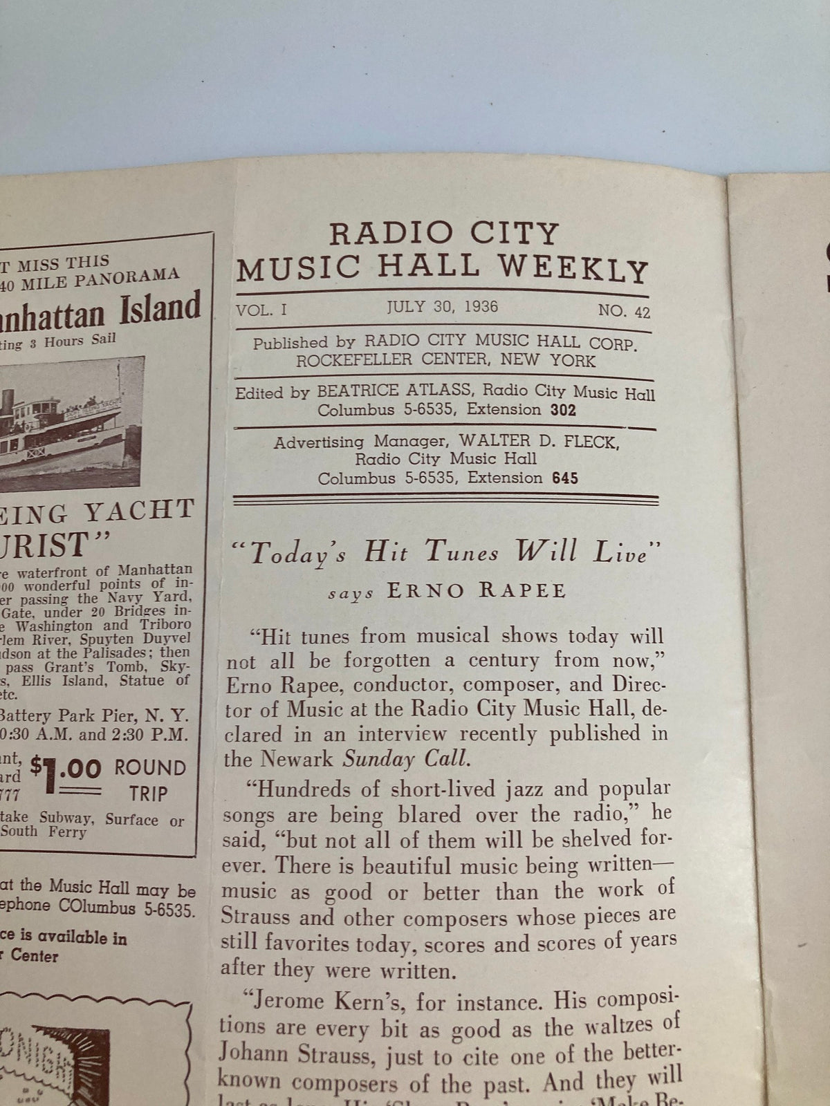 Interior page from the 1936 Radio City Music Hall Weekly magazine by Russell Markert, displaying content about entertainment history and notable figures from the era.
